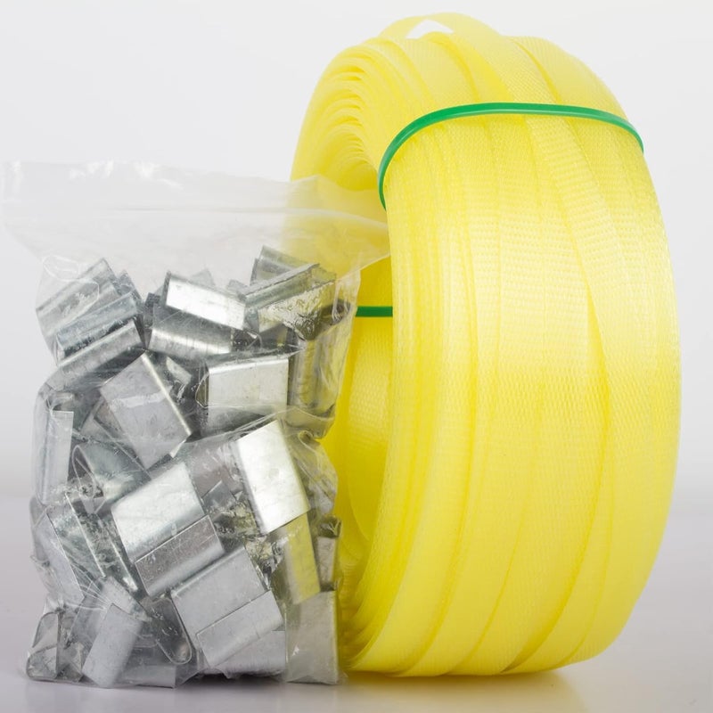 Palmarosa Poly Strap, Polypropylene Strapping, 320' Length, 1/2" Width, 330 lbs. Break Strength (Yellow), 100 pcs 5/8" Open Metal Clips for Packaging and Pallet Strapping Banding - Image 1